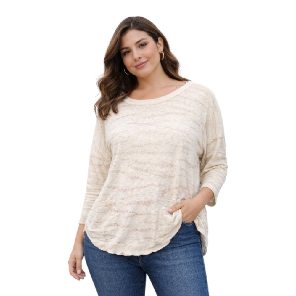 Democracy Women Sweater Pockets  Cream Beige  100% Cotton Size Large